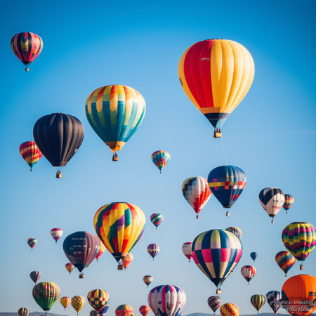Hot air balloons flying over Albuquerque, New Mexico at the 2016 International Hot Air Balloon Festival.の素材