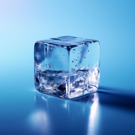 Ice cube with reflection on blue background. 3D illustration. Square imageの素材