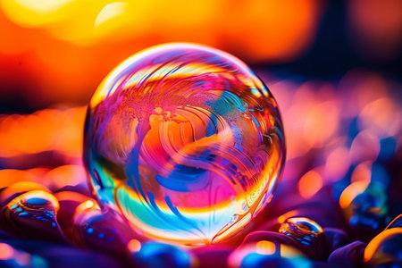 Colorful crystal ball on a background of a burning fire. Close upの素材