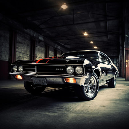 Classic car in the garage. black and white 3d renderingの素材