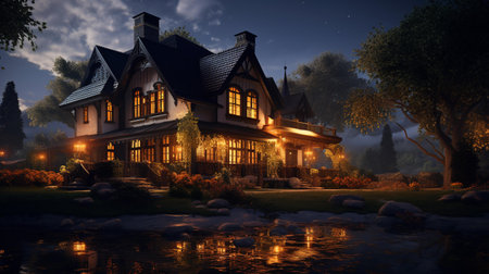 3D render of a beautiful old house in the forest at nightの素材
