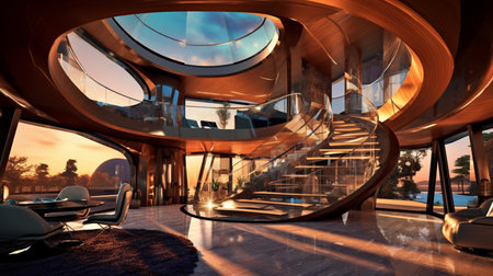 3d render of interior of modern office building with glass wall.の素材