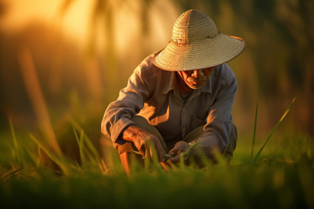 Farmer working in the rice field at sunset time, Thailand.の素材