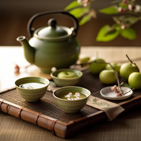Green tea with green tea pot and green apple on bamboo tray.の素材