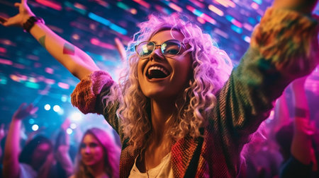 Portrait of a happy young woman dancing at the nightclub and having funの素材