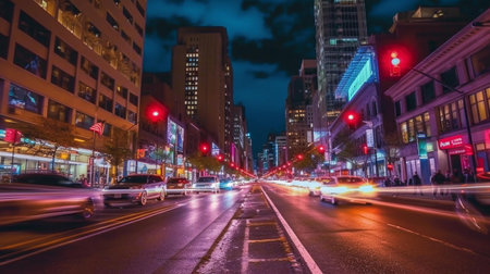 Night traffic in downtown Los Angeles, California, United States of America.の素材