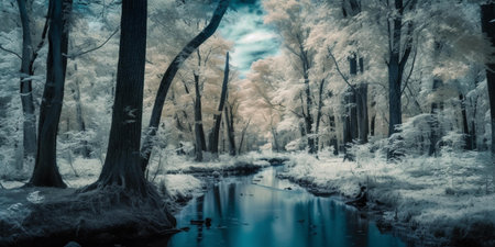 Infrared photo â trees, lakes and rivers in beautiful winter forestの素材
