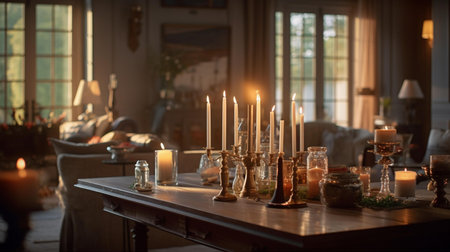 Candles on the table in the interior of the living room.の素材