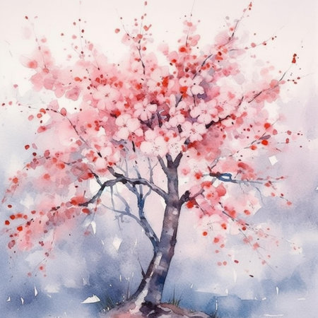 Watercolor painting of cherry blossom tree in spring season, digital illustrationの素材