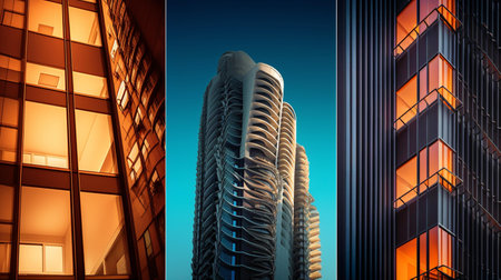 3D illustration of skyscrapers in modern city at night.の素材