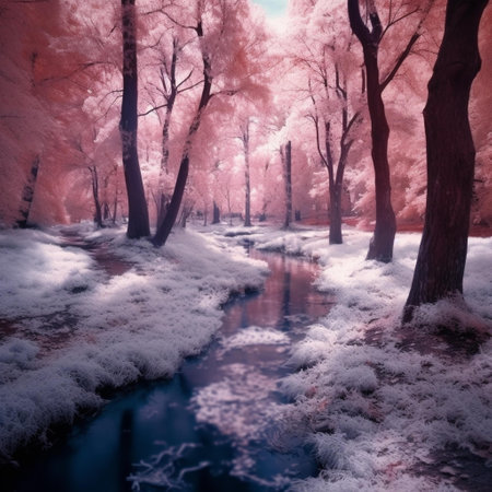Winter landscape with frozen river and trees in the forest. infrared imageの素材