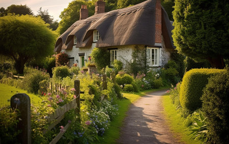 Beautiful cottage in the English countryside on a sunny summer day.の素材