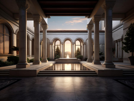 The interior of the building with columns and a fountain. 3d renderingの素材