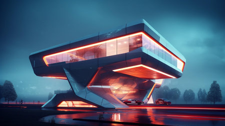 Futuristic building on the road at night. 3d renderingの素材