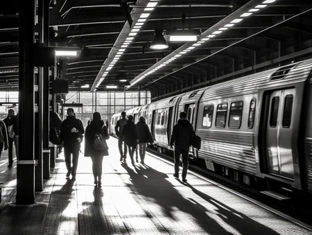 Train station in London, UK. Silhouettes of people on platforms.の素材