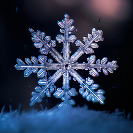 Macro shot of a snowflake on a snowflake background.の素材