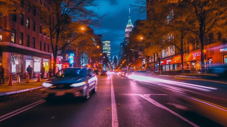 Traffic on the streets of New York City at night.の素材