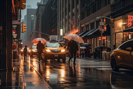 Manhattan street scene in New York City at rainy day.の素材