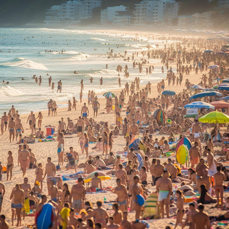People on the beach in Barcelona, Spainの素材