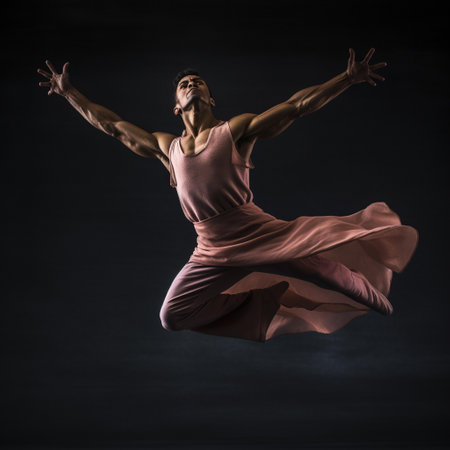 Young modern ballet dancer jumping and dancing on dark background. studio shotの素材