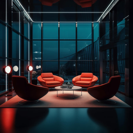 Interior of modern office with red armchairs and glass walls. 3d renderingの素材