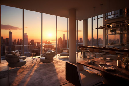 Luxury dining room with city view at sunset. 3D renderingの素材