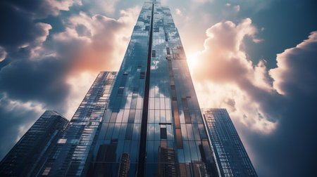 Low angle view of skyscrapers in business district against cloudy skyの素材