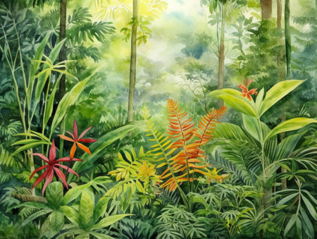 Watercolor painting of tropical forest with ferns and exotic plantsの素材