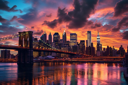 Brooklyn Bridge and Manhattan skyline at sunset, New York City.の素材