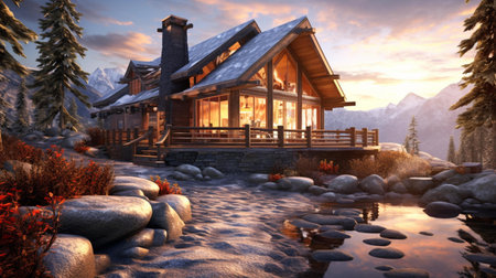 3D CG rendering of mountain hut with swimming pool and wooden floorの素材