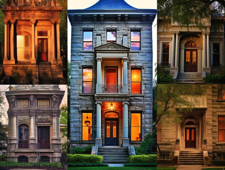 Collage of beautiful houses in New York City, USA. Collage includes five pictures of different buildings.の素材