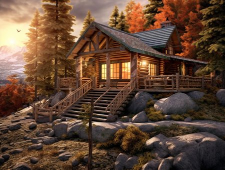 3d render of a log cabin in the mountains. High quality photoの素材