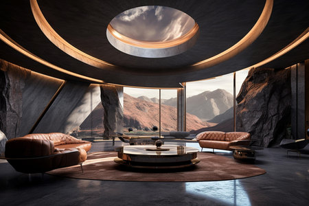 Interior of modern living room with concrete floor, round coffee table and sofa. 3d renderingの素材