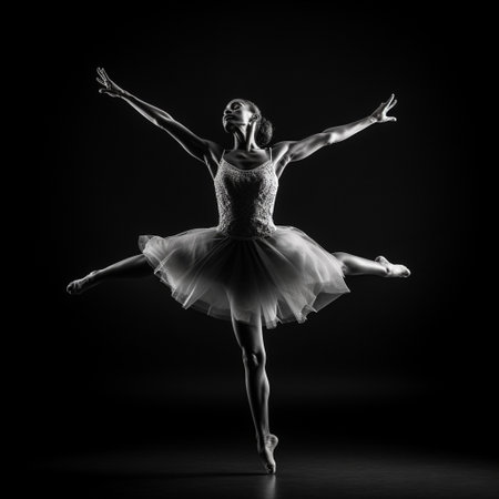 Young beautiful ballerina is posing in studio on black background.の素材