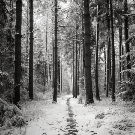 Snowy path in the winter forest. Black and white photo.の素材