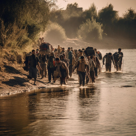 Unidentified Indian people crossing the river.の素材