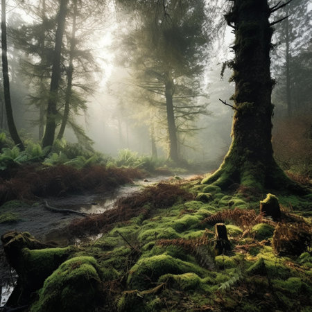 Mysterious dark forest with fog in the morning. HDR imageの素材