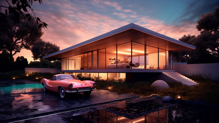 3D rendering of a modern house with a swimming pool at sunsetの素材