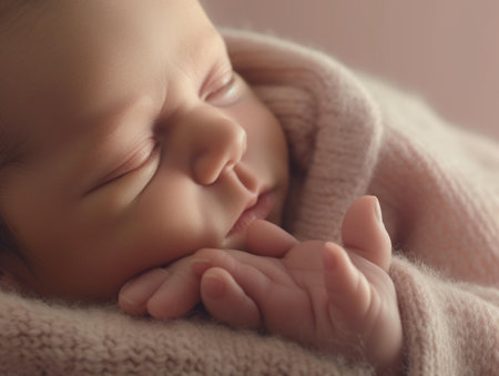 Cute newborn baby sleeping in warm knitted sweater, closeupの素材