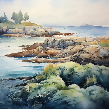 Digital watercolor painting of a seascape with rocks and vegetationの素材