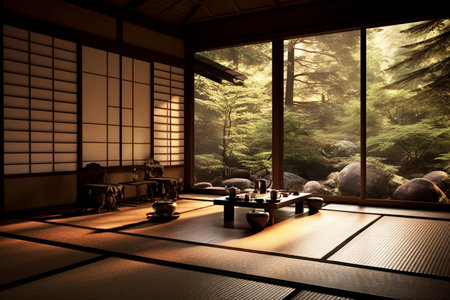 Japanese-style room with japanese tea set. 3D renderingの素材