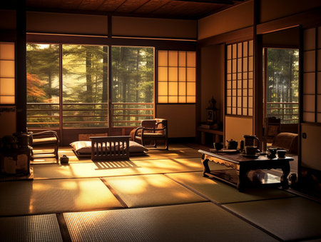 Interior Japanese style living room with wooden floor and window view.の素材