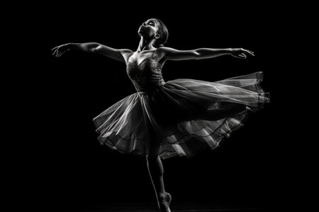 Portrait of beautiful ballerina in tutu on black backgroundの素材