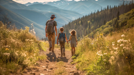 Father and son hiking in the mountains. Back view. Family travel conceptの素材