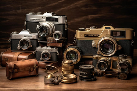 Vintage camera and old camera on a wooden background. Retro style.の素材