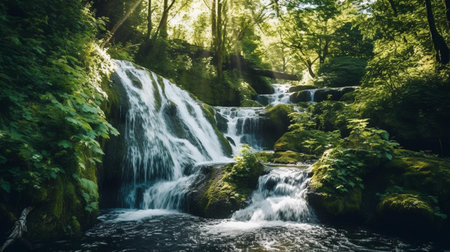 Beautiful waterfall in the forest with green leaves and sunbeamsの素材