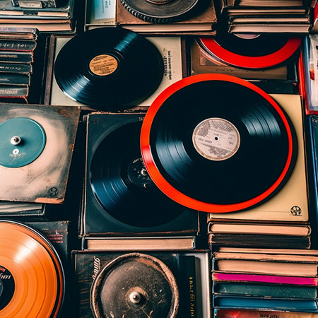 Vintage vinyl records on old books background, retro toned imageの素材