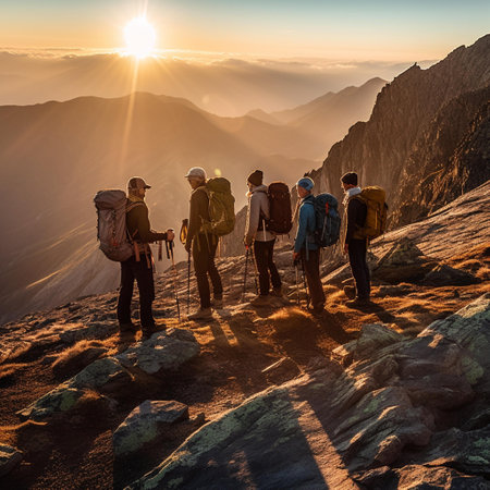 Group of hikers with backpacks on the top of the mountain at sunset.の素材