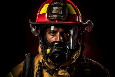 Portrait of a firefighter wearing a gas mask on a dark backgroundの素材
