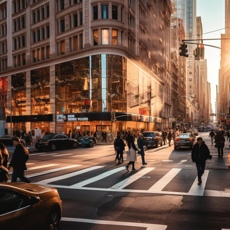 Pedestrians cross the street in New York City.の素材